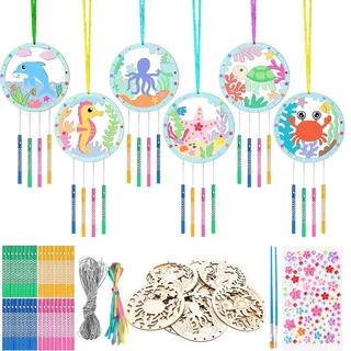 OOTSR 12er Set Meerestiere Holz-Windspiele Bastelset DIY, Windspiel Basteln Holzscheiben Malset für Kinder, Sommerdeko Bastelmaterial Kreatives Geschenk für Geburtstag, Schule, Party