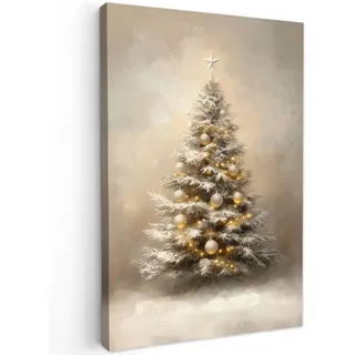 MuchoWow Leinwandbild Weihnachten - Weihnachtsbaum - Schnee - Kunst Wanddeko Schlafzimmer 60x90 cm , Champagner , Textil , Kiefer , Abstrakt , Rechteckig , 60x90 cm , FSC 100% , gerahmt , Bilder & Rahmen, Bilder, Leinwandbilder