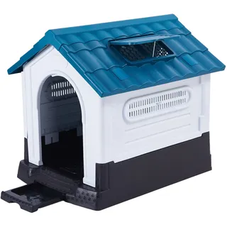 Lanco - Zwinger für kleine Hunde mit verstellbarem Dach und Toilette. Innen- und Außenbereich mit Lüftungsgittern. Widerstandsfähiges Material. 68x55x66cm. Blau und weiß.
