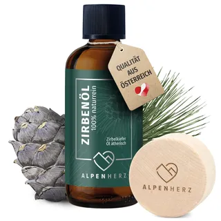 ALPEN HERZ Zirbenöl 100 ml mit Duftstein aus Zirbenholz - 100% naturrein ätherisches Zirbelkieferöl aus Österreich Duftöl Raumduft Duftlampe Zirbenwürfel Diffuser Zirbe Zirbelkiefer Öl