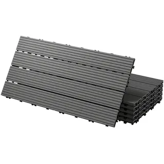 ECD Germany WPC Terrassenfliesen 60x30 cm 12er Spar Set Anthrazit geriffelt, Holzoptik, Bodenbelag mit Klicksystem und Drainage, Terrassendielen