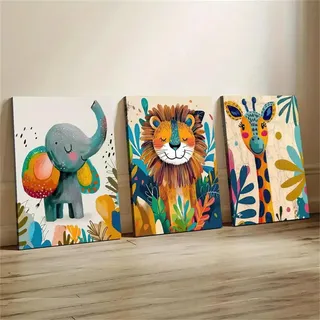 Uixxducc 3er Set Bilder Poster Kinderzimmer Elefant, Löwe, Giraffe Kinderkunst Bilder Set Junge Mädchen Wandbilder Deko Babyzimmer Kinderbilder Premium Ohne Rahmen (30x40cm)