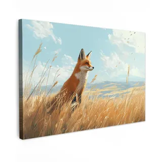 MuchoWow© Leinwandbild Groß XXL Dekoration Wohnzimmer Bilder Pictures Wall | 120x80 cm - Decoration Living Room Wohnungs Deko Moderne Bild Fuchs - Gras - Wolken - Orange