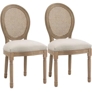 Homcom 2Er Set Esszimmerstühle Küchenstuhl mit Rattan-Rückenlehne Linen-Touch , Textil , Echtholz,Kautschukholz , Füllung: Polyester , rund , 56x96x49 cm , Esszimmer, Stühle