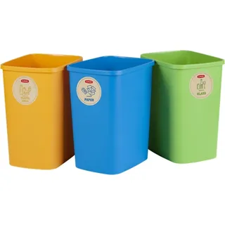 Curver Eco Friendly 3er-Set Mülltrennungssystem Mülleimer Mülltrennung Papier Glas und Kunststoff Recycling-Eimer aus Kunstoff (3 x 9 L)