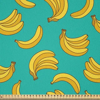 ABAKUHAUS Gelb und Blau Satin Stoff als Meterware, Tropisches Bananen-Muster in den klaren Töne exotischen Art-Palmen-Sommer-Grafik, 5 M (148 x 500 cm), Teal Yellow - Gelb