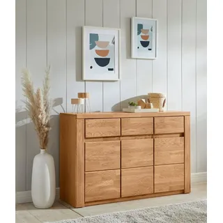 Home Affaire Sideboard »Burano,127cm breit, Fronten Massivholz,3 Türen,3 Schubladen,6 Fächer« Holz massiv,Holzwerkstoff,Griffmulden,Böden variabel einsetzbar, braun