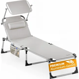 CASARIA® Gartenliege mit Dach Klappbar Seitentasche Kissen Aluminium Wetterfest bis 180kg Gartenliege Leicht Liegestuhl 210 x 61 cm Relaxliege Creme - Creme
