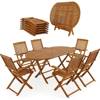 CASARIA® Gartenmöbel Set Holz Wetterfest Klappbar 7-tlg. Schirmständer Armlehnen Garten Balkon Terrasse 160x85cm Akazie Braun - Braun