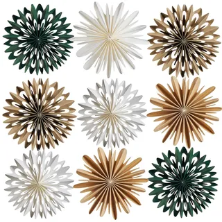 EASY JOY Weihnachten Papier Fächer Dekoration Braun Weiß Grün Hängende Weihnachten Dekoration 9 Stück Neujahr Party Deko für Weihnachtsbaum Tischdeko
