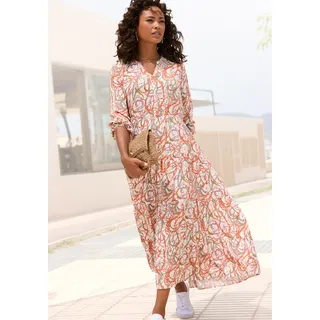 Maxikleid LASCANA, Damen, Gr. 38, N-Gr, bunt (bunt bedruckt), Web, Obermaterial: 100% Viskose, bedruckt, figurumspielend lang, V-Ausschnitt, mit Gummizug, Kleider Maxikleid, mit Alloverprint und Volants, langärmlig, Druckkleid, casual-chic, Topseller
