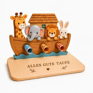 Taufe geschenk Holz Geldgeschenk Arche Noah mit Karte für Mädchen Jungen | 3D-Arche aus Naturholz mit Laser-Gravur & Grußkarte. Kreative Geldverpackung mit 3 Halterungen für Taufe und Geburt.
