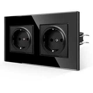 JIMEIDA Doppelsteckdose, Glas schwarz, 16A, 157x86mm | Steckdose, 16A, Glas Panel, Kindersicherung, Feuerfest, Unterputz, 157x86mm, schwarz