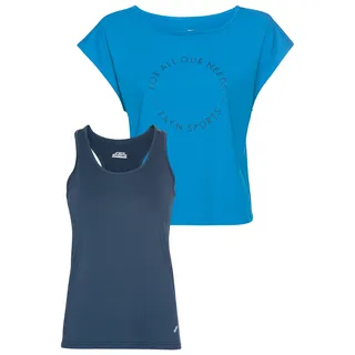 Trainingsshirt FAYN SPORTS "2-tlg. Shirt & Top", Damen, Gr. 36/38, blau (royalblau_na), Jersey, Obermaterial: 60% Baumwolle, 40% Polyester. Oberes Obermaterial: 95% Polyester, 5% Elasthan, unifarben, bequem hüftlang, Rundhals, Shirts Trainingsshirt, Top mit Ringerrücken, Topseller