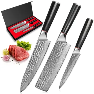 BILLION DUO Damastmesser Hackmesser Chinesisches Kochmesser, 67 Schicht Fleischmesser Damaszener Stahl Küchenmesser Profi Chefmesser Damast Messer mit Pakkawood Griff (3er Damastmesser Set)