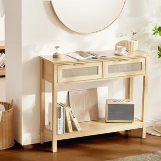 Vevor Rattan-Konsolentisch 2 Schubladen 100 x 40 x 75 beige