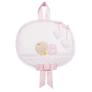 FILET - Oval Babyschleife für Neugeborene mit Aida-Einsatz zum Sticken, Verziert mit der Stickerei Eines Schlafenden Mädchens, aus Baumwolle, 100% Made in Italy, Farbe Weiß und Rosa