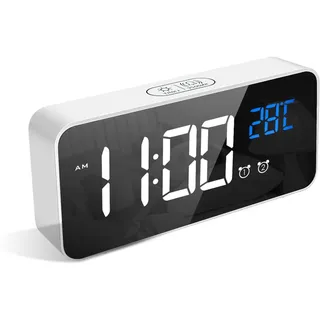 LATEC Digitaler Wecker mit Große LED Temperaturanzeige, Tischuhr mit 10 Musik, USB Ladeanschluss, 4 Helligkeit und Lautstärke Regelbar, Snooze, tragbarer Spiegelalarm mit 2 Alarmen, 12/24H, Weiß