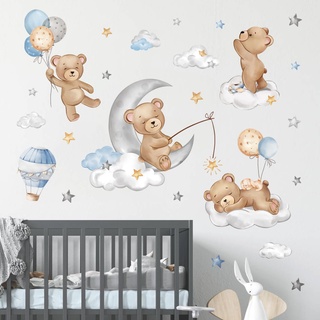 decalmile Wandtattoo Bär auf Mond Wandaufkleber Tiere Heißluftballon Wolken und Sterne Wandsticker Kinderzimmer Babyzimmer Schlafzimmer Wanddeko