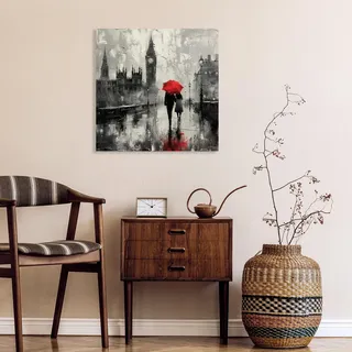 Leinwandbild QUEENCE "Big Ben bei Regen", rot (weiß, neutral), B:60cm H:60cm T:1,5cm, Canvas, Holz, Bilder, Leinwandbild