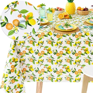 KP HOME Wasserdichte PVC-Tischdecke, rechteckig, Wachstuch, 300 x 140 cm, gelbe Zitronenfrüchte, abwischbare Tischdecke aus Kunststoff, abwischbar, für den Außenbereich, buntes Muster