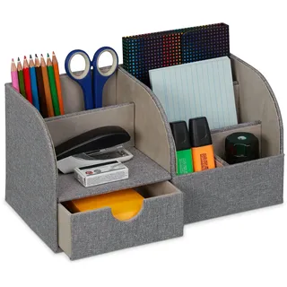 Relaxdays Schreibtisch Organizer, Schublade & 6 Fächer, Leinenoptik, HBT: 14,5 x 28 x 14,5 cm, Stiftehalter Büro, grau