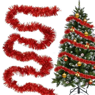 Weihnachtsbaum Girlande Rot, 4 X 3M Weihnachten Lametta Girlande, Weihnachtsbaumschmuck Glitter Hängende Ornamente, Weihnachtsdeko Girlan-de für Weihnachtsbaum Innen Aussen Treppe Tür