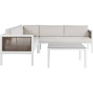 BELIANI Lounge Set Weiß und Braun Aluminium Flechtseil mit Kissen Beige Couchtisch Sicherheitsglas 4-Sitzer Ecksofa Linksseitig Terrasse Outdoor Modern - Weiß, Braun, Beige