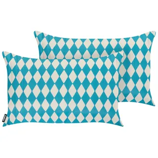 BELIANI Gartenkissen 2er Set Türkis Stoffbezug mit Füllung Rechteckig 30x50 cm Kariert Zweifarbig Retro-Design Dekokissen für Draußen Outdoor - Blau, Weiß