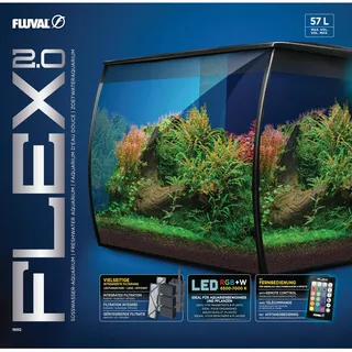 Fluval Flex 2.0 Nano-Aquarium Komplettset | 57 L | Mit LED & Filter | Geschwungene Panorama-Frontscheibe, Inklusive Fernbedienung, 3-Stufen-Filterung, Fütterungsklappe, Düsenstrahlrohr
