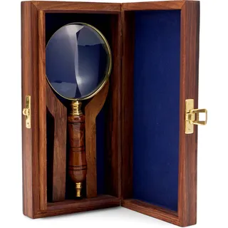 Lupe in der Holzbox aus Messing mit Holzgriff 7,5cm Vergrößerungsglas Leselupe