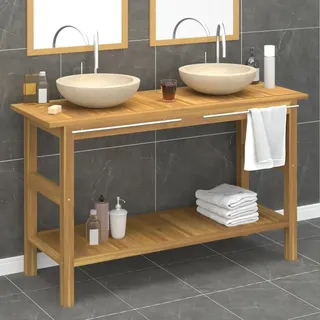 The Living Store Waschtisch mit Creme Marmorbecken Massivholz Teak - Creme