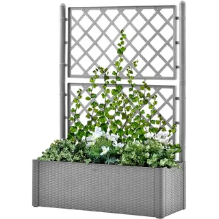 Garten-Hochbeet mit Spalier und Selbstbewässerungssystem, Rattan-Design, PP Material, für Innen- und Außenbereich, Grau, 100 x 43 x 142 cm