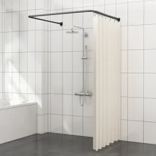 Duschvorhangstange U Form, Duschstange Ecke mit 12 Vorhangringen & Deckenstütze für Badewanne/Badezimmer, Bohr-Montage Erforderlich [Both Sides: 60cm - 132cm, Mitte: 78cm - 118cm] (Schwarz)
