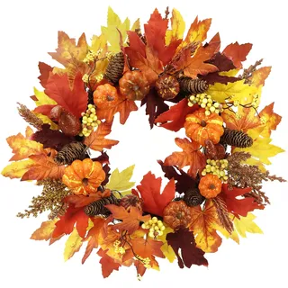 Zavothy 50cm Künstlicher Herbstkranz mit Kürbissen, Ahornblättern und bunten Beeren, Haustür- und Wandschmuck für Thanksgiving und Weihnachten, Orange
