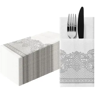 PAW - Besteckservietten aus Airlaid - Stoffähnlich (1/8 falz) | 25 Stück | Ideal für Hochzeit, Taufe, Kommunion, Geburtstag | Serviettentaschen für Besteck | Gold Royal Lace