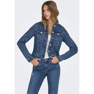 Jeansjacke ONLY "ONLWONDER – Jeansjacke mit Teilungsnähten und Stretch", Damen, Gr. M, blau (medium blau denim), Denim/Jeans;Web;Twill, Obermaterial: 79% Baumwolle, 20% Polyester, 1% Elasthan, unifarben, figurumspielend taillenbedeckt, 1-Knopf-Manschette, Jacken Jeansjacke, sehr figurbetont, casual, Denim, Baumwollmischung, Brusttaschen, Topseller