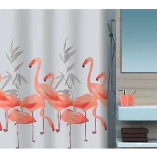 Spirella Anti-Schimmel Duschvorhang - Anti-Bakteriell, waschbar, wasserdicht, Polyester, „Flamingo“ 180x180cm Weiß