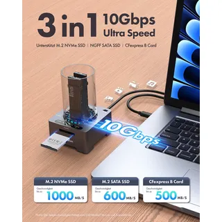 GRAUGEAR Docking + Kartenleser für 1x M.2 NVMe, 1x M.2 NGFF, 1x CF-Express, Speicherkartenlesegerät, Grau