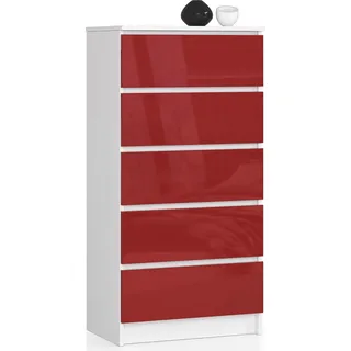 Kommode in rot Hochglanz mit 5 geräumigen Schubladen, 60 cm breit, 121 cm hoch Organizer Kommode mit Schubladen Holz Highboard Sideboard Schrank - Rot