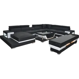 Design Leder Polster Sitz Zimmer Eck Wohn Sofa Couch Designer Garnitur XXL+USB - Schwarz