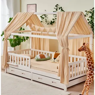 ALAVYA HOME ALAVYA HOME® Hausbett Himmel Deko Set 3-TLG – 2 Betthimmel + Wimpelkette, GOTS Bio-Musselin Baumwolle, Kinderzimmer Lieblingsplatz, Mädchen & Jungen, 125x350cm, Beige