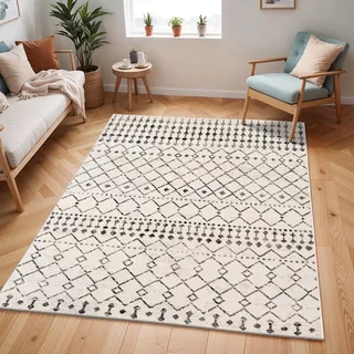 Livabliss Abu Dhabi Boho Rund 160 cm – Moderner skandinavischer Stil mit geometrischem Muster in Elfenbein & Grau für Wohnzimmer, Schlafzimmer & Esszimmer