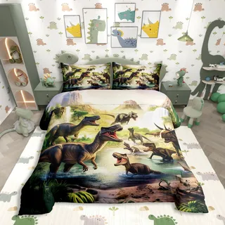 Homewish Dino Bettwäsche 135x200cm 3D Druck Realistische Dinosaurier Kinderbettwäsche Jungen Bettbezug Antiker Dschungel Ästhetik Dinosaurier Bettwäscheset Üppige Vegetation Wasserfälle Berge Bettset