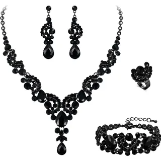EVER FAITH 4 Stück Schmucksets für Damen Party Hochzeit Braut Strass Kristall floralen Welle Teardrop Halskette baumeln Ohrringe Armband Ring Set Schwarz Schwarz-Ton