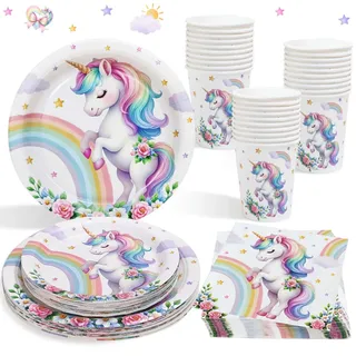 Heboland Einhorn Deko Kindergeburtstag Pappteller Set für 25 Gästen, 100pcs Einhorn Pappteller Pappbecher Servietten für Einhorn Party Deko Mädchen