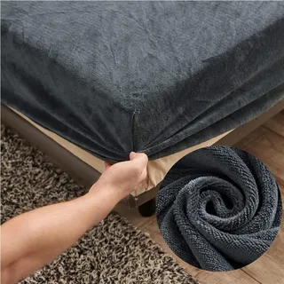 Samt Spannbettlaken 180x200 cm Warm Winter Frottee Spannbetttücher, Highdi Microfleece Flausch Dunkelgrau Spannbetttuch 180 x 200 Boxspringbett Bettlaken für Hohe Matratze Steghöhe 25-30cm