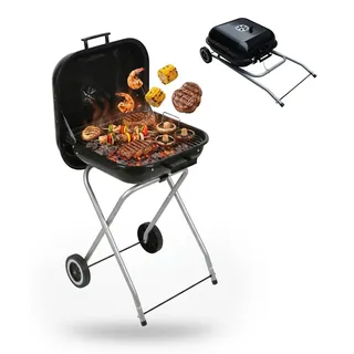 Relaxdays mobiler Holzkohlegrill mit Deckel & Rollen, faltbarer Campinggrill, Balkon, Garten & Park, Standgrill, schwarz - Schwarz