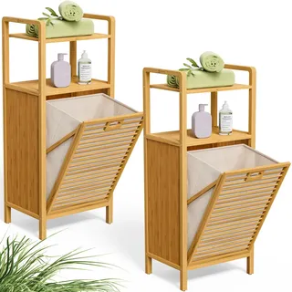 CASARIA Badregal Wäschekorb 2er-Set Bambus 43L Wäschesack herausnehmbar