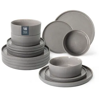 Geschirr-Set OTTO HOME "Ylvii, außen matt, innen reaktiv glasiert", reactive dunkelgrau, 18, Steinzeug, Geschirr-Sets, Geschirr-Set, Riffeloptik, spülmaschinenfest und mikrowellengeeignet